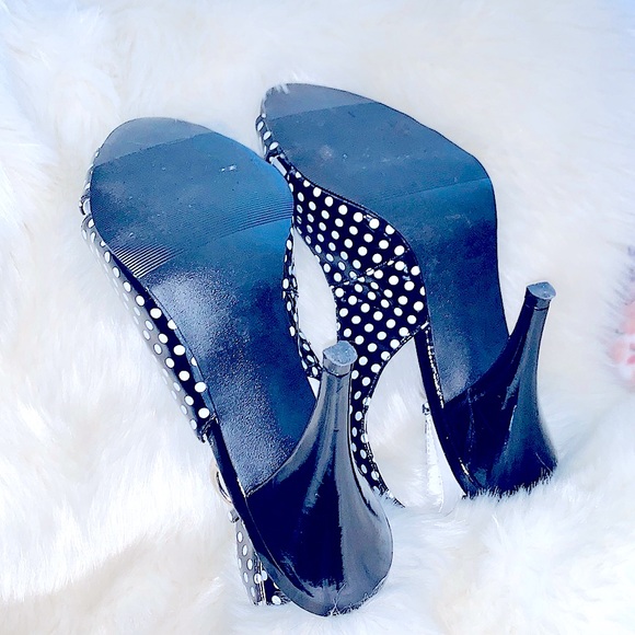 👠RARE VINTAGE SLEEK PINUP Black/White PolkaDot PeepToe SlingBack Stilettos 1950 - Picture 8 of 16